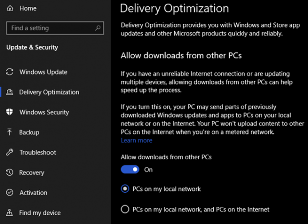 Otimização de entrega do Windows 10