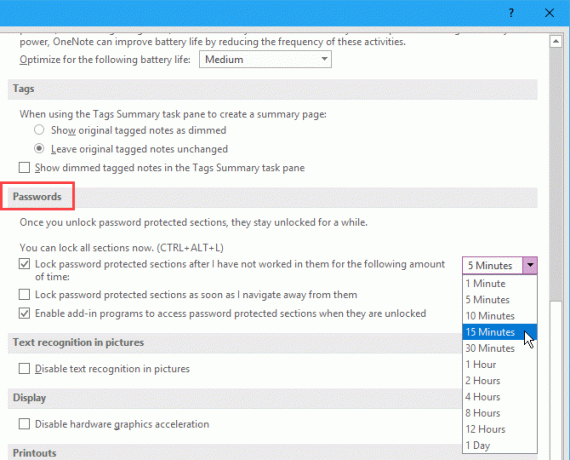 Opções de senhas no OneNote 2016