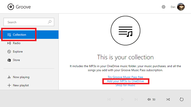 groove music adicionar ao onedrive