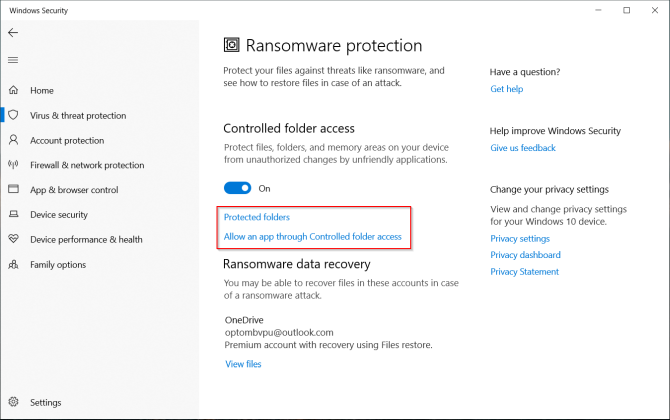 proteção de ransomware no Windows Defender