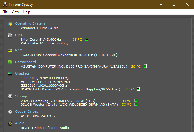 Especificações do PC Speccy