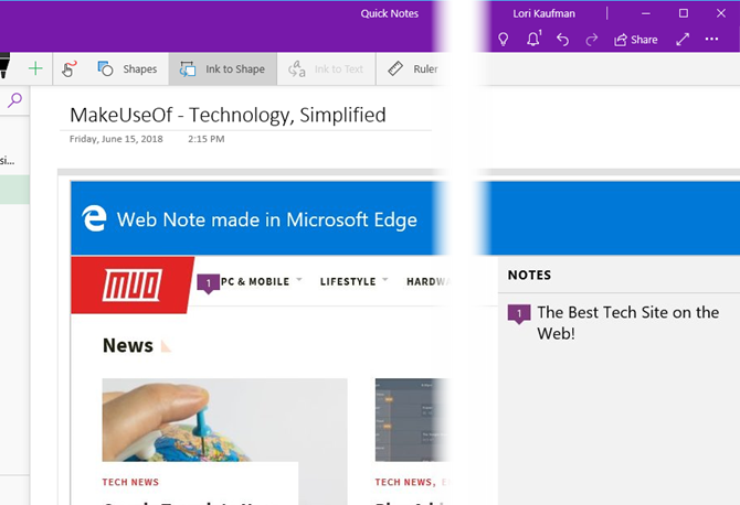 Nota da Web do Edge no OneNote