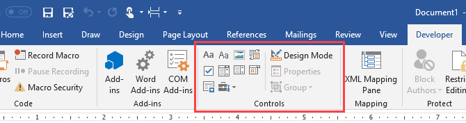 Seção Controle na guia Desenvolvedor no Microsoft Word