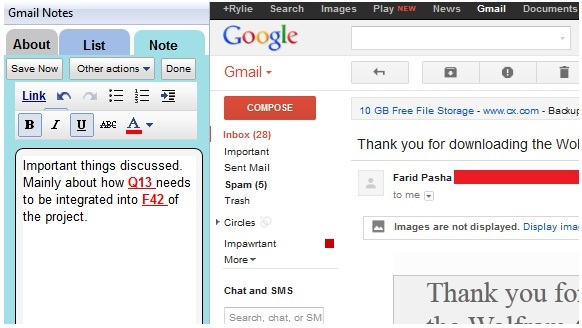 notas para e-mails do gmail