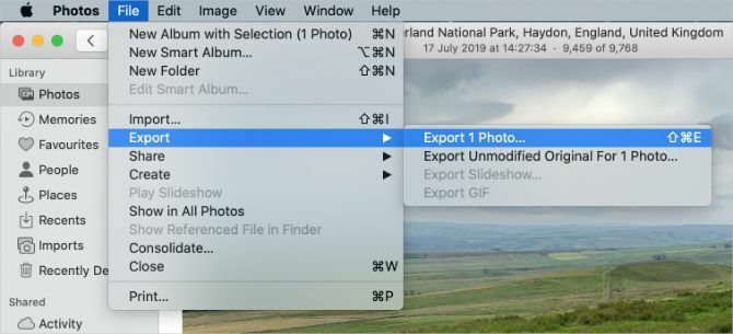 Opção Exportar foto em Fotos no Mac