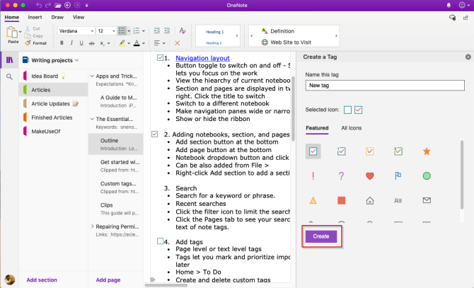 criar uma tag personalizada no OneNote