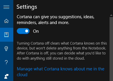 Configurações do Windows 10 Cortana