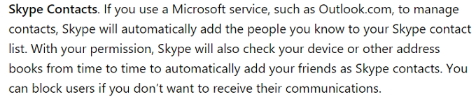 política de privacidade de contatos do skype