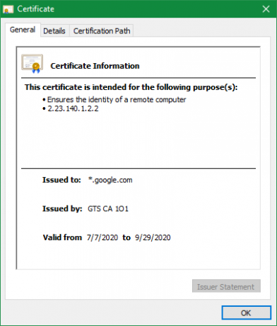 Certificado de site do Chrome