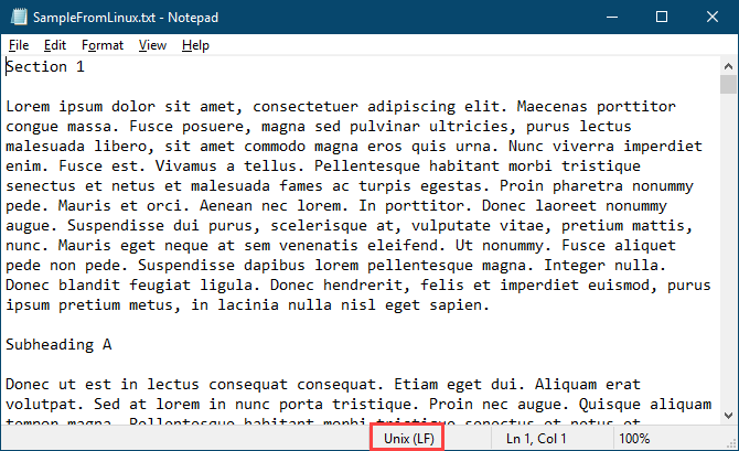 Arquivo de texto do Linux aberto no Bloco de Notas