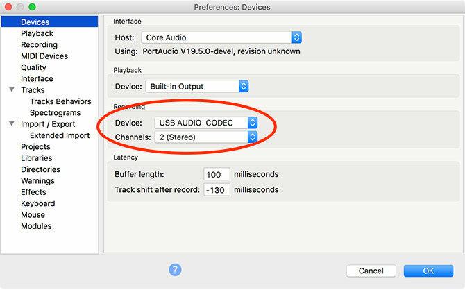 Configurações do Audacity