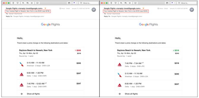 E-mails do Google Flights