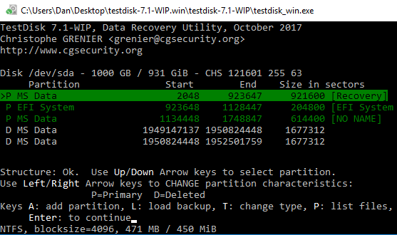 Tela TestDisk do Windows