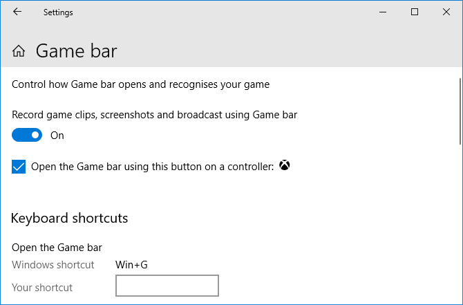 Configurações da barra de jogos do Windows 10