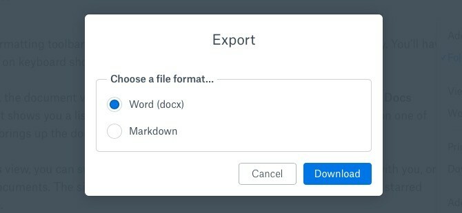 Opções de exportação de papel do Dropbox