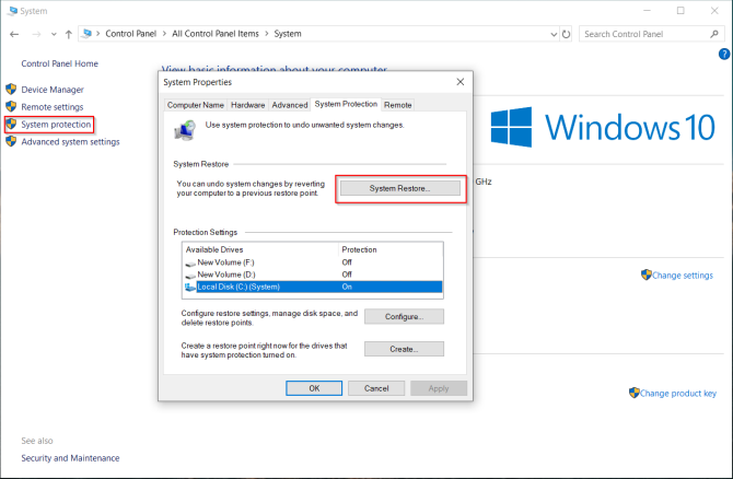 crie um ponto de restauração no Windows 10