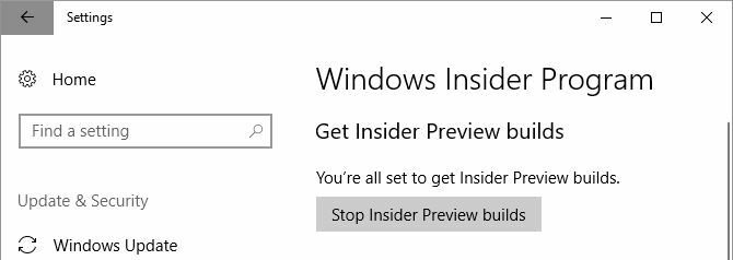 Compilações de visualização do Windows 10 Stop Insider