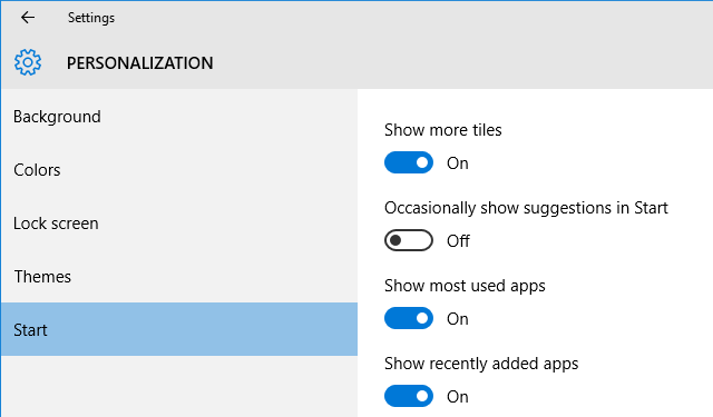 Configurações Iniciar aplicativos sugeridos