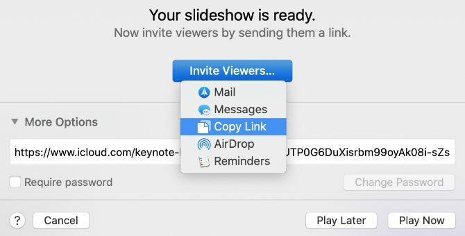 Opção ao vivo do Keynote Live Invite Viewers