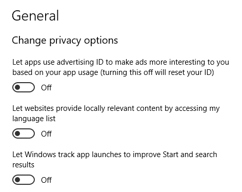 opções de privacidade do windows 10