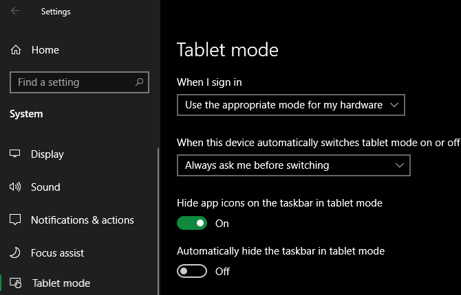 Opções do modo tablet do Windows 10
