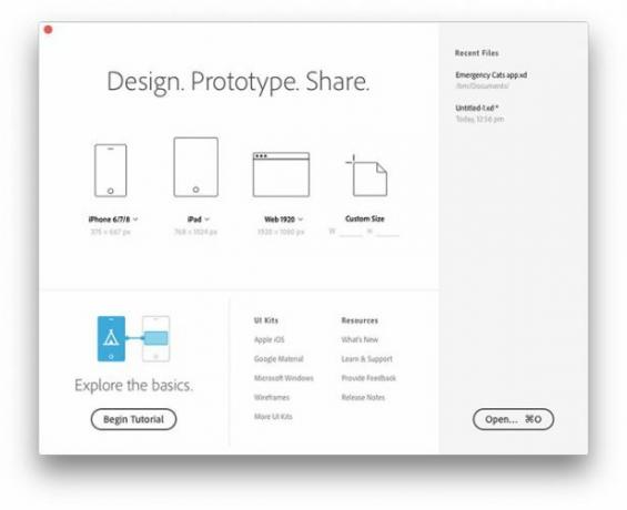 Opções de inicialização do Adobe XD