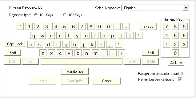 Teclado virtual para o utilitário Password Safe