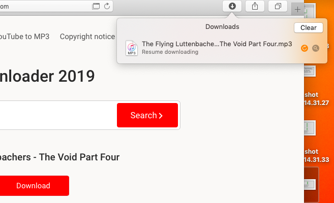 Pressionando o botão Continuar para reiniciar um download interrompido no Safari
