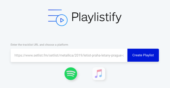 O Playlistify cria playlists a partir de setlists em 1001 Tracklists, setlist.fm e livetracklist