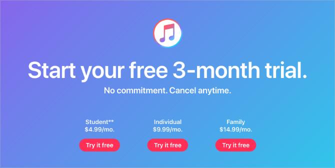 Avaliação e preços de três meses da Apple Music