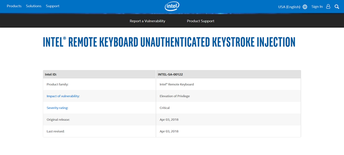 Captura de tela da divulgação de vulnerabilidades do teclado remoto Intel