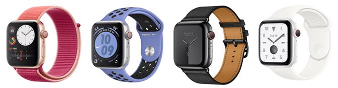 Uma foto dos diferentes acabamentos do Apple Watch Series 5