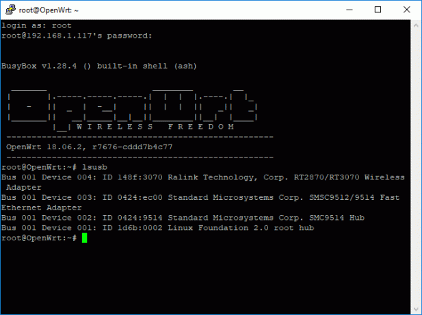 Tela da janela do terminal OpenWRT Putty