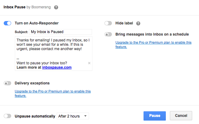 Torne o Gmail menos perturbador, interrompendo e-mails recebidos por um período de tempo Pausa 2 do Boomerang