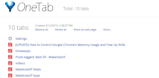 Extensão de aba do One Tab Chrome