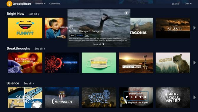 Tela inicial do CuriosityStream mostrando a seleção de programas para assistir