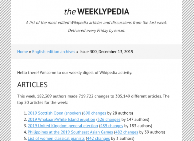 O Weeklypedia é um resumo de boletim informativo que lista artigos que tiveram o maior número de alterações na Wikipedia na semana passada, além de novos artigos e discussões ativas