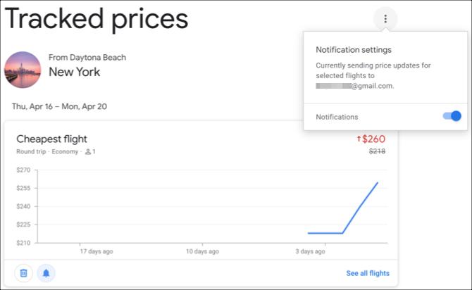 Notificações de preços rastreados do Google Flights