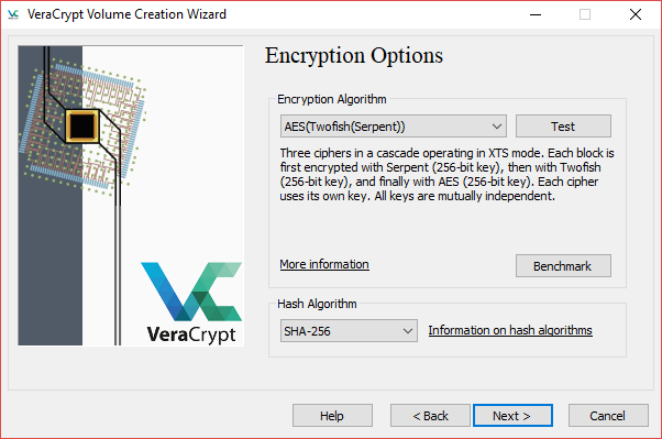 algoritmo de criptografia do assistente de criação de volume veracrypt