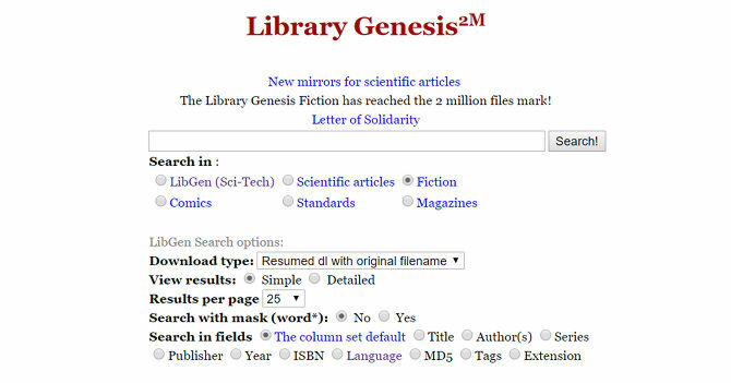 Esta captura de tela mostra o menu principal do Library Genesis, do fornecedor gratuito de e-books