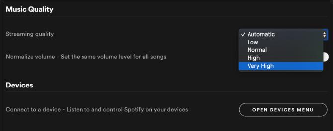 Configurações do Spotify mostrando uma opção de qualidade musical muito alta