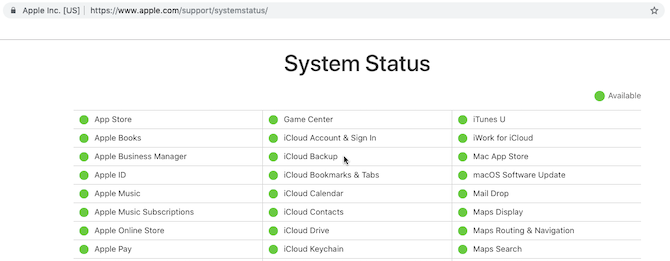 Página da web de status do sistema da Apple