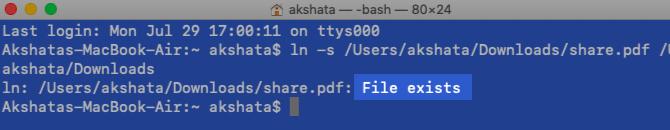 Mensagem de arquivo existente ao criar um link simbólico no Terminal no macOS
