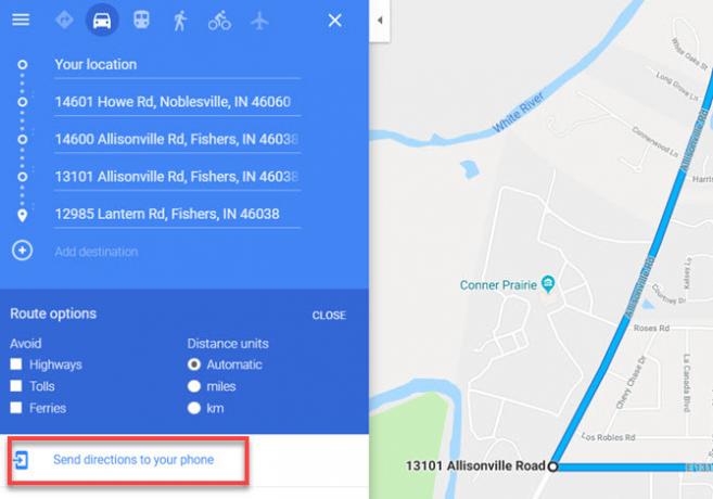 Enviar rota do Google Maps para o telefone