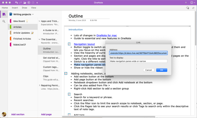 insira o link para a página do OneNote