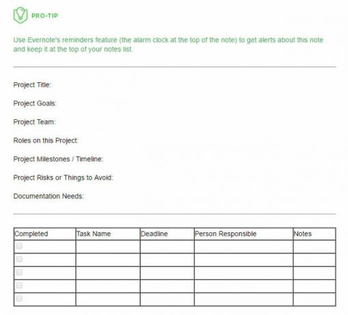 Modelo de plano de projeto do Evernote