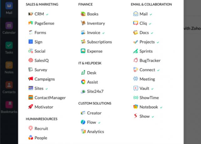 Visualização em grade de todos os aplicativos Zoho