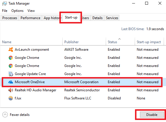 Itens de inicialização do Windows Task Manager