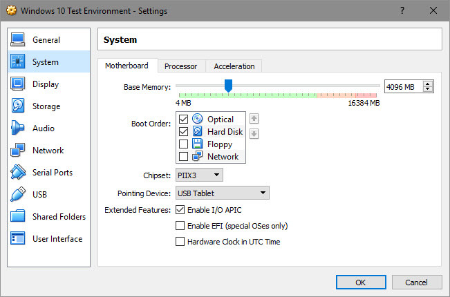 RAM dedicada do VirtualBox