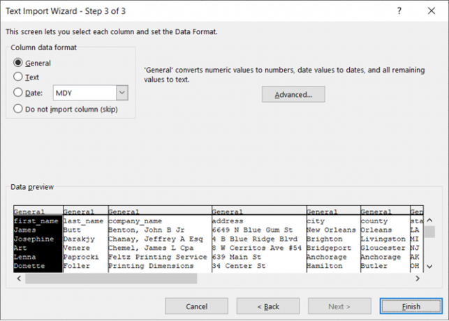 Formato de dados da coluna no Assistente de importação de texto do Excel